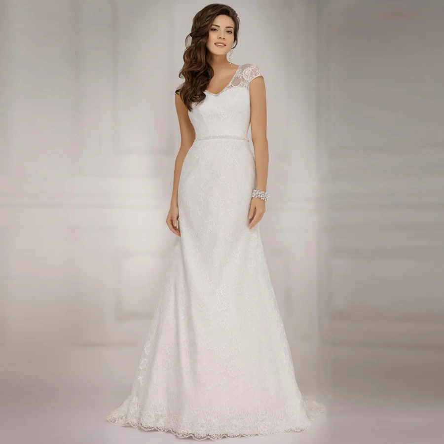 

New Cap Sleeve Lace Mermaid Wedding Dress V-Neck Beading Belt Bridal Gown Robe De Mariage Illusion Back with Buttons