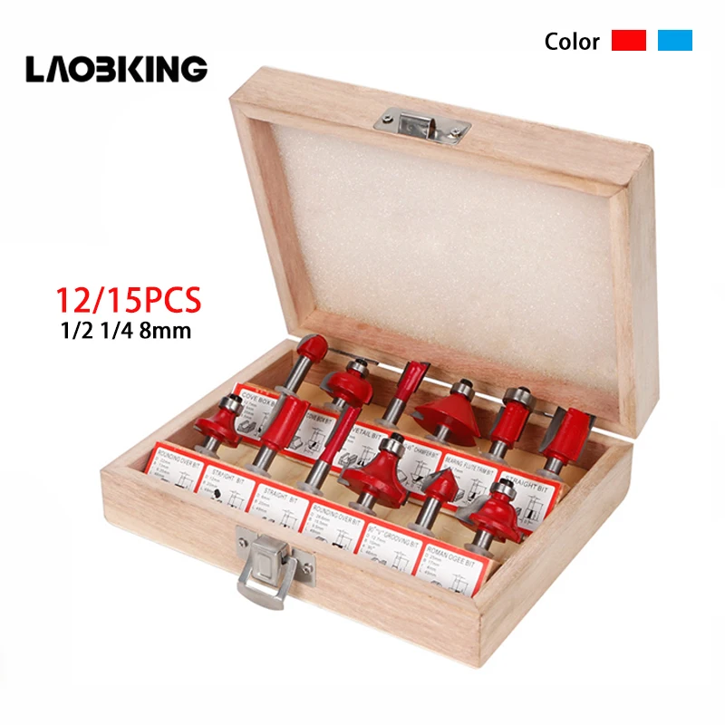 

12/15PCS Woodworking Milling Cutters 1/4''/2"/8mm Shank Carbide Router Bit Set For Wood Cutter Floor Engraving Cutting Tools Box
