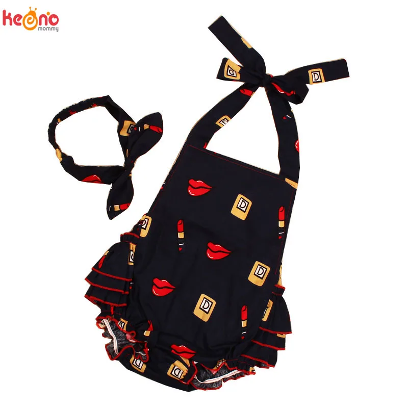Cute Baby Girls Ruffled Cotton Rompers and Headband Set Lipstick Sleeveless Romper Little Girl Summer Clothes Baby Beach Set (11)