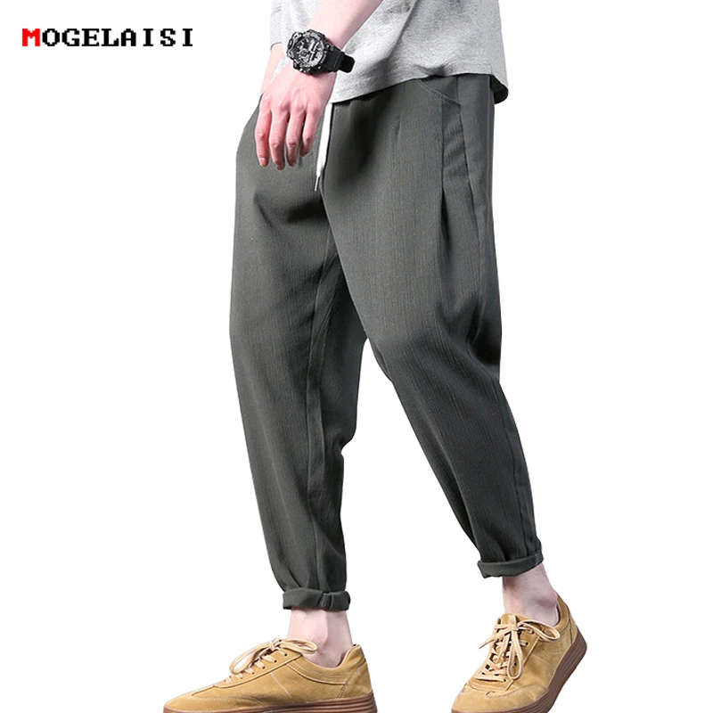 Pantalones hasta el tobillo para hombre, de lino, de algodón, XXL, color  gris, blanco, a media cintura, para hombre, pantalones con puños doblados,  M-3XL - AliExpress Ropa de hombre