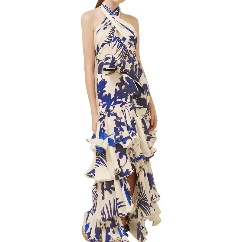 2018 Runway Dresses Maxi Dress Women Halter Neck Cascading Ruffle Blue