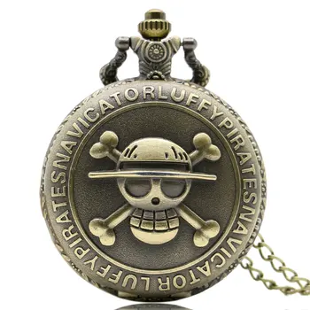 

Steampunk Vintage Retro Bronze Pirate Skull One Piece Quartz Pocket Watch Necklace Men Women P28