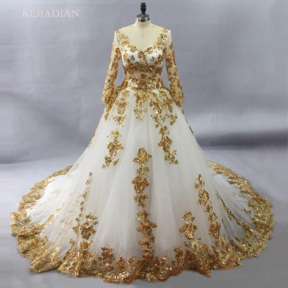 

Gorgeous White Muslim Wedding Dresses With Gold lace appliques bridal gown long sleeves vestido de noiva Lebanon Robe De Mariee