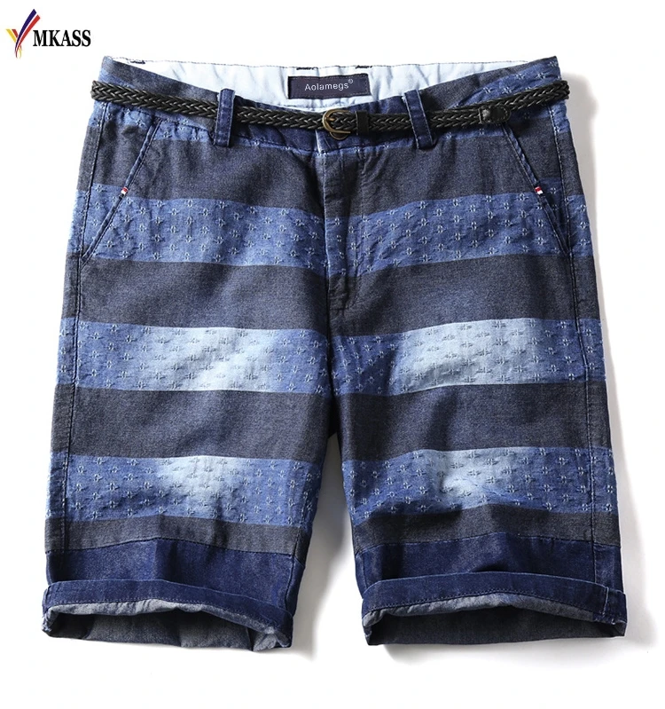 2018 Mens Denim Shorts Fashion Striped Straight Jeans Shorts Men 100% Pure Cotton Blue Knee Length Brand Washed Beach Clothing