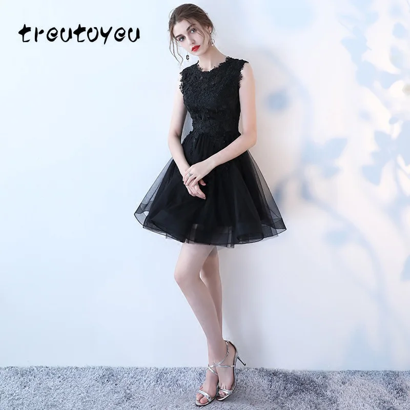 

Treutoyeu Banquet Evening Tulle Dress Short 2018 New Korean Flower Lace Students Black Mesh Dress Sleeveless Female DY008