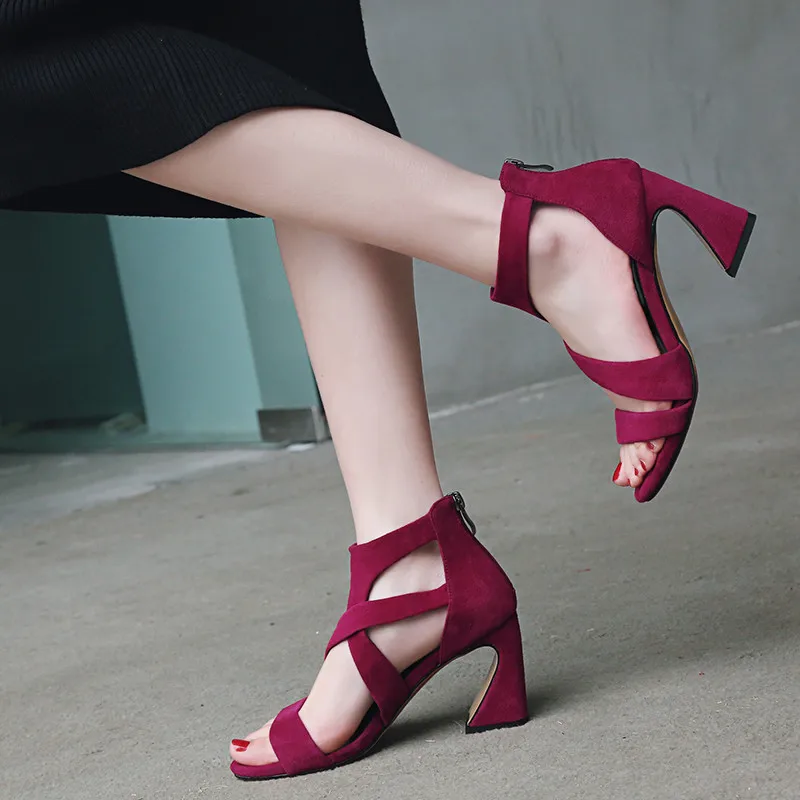 

YMECHIC 2018 Vintage Wine Red Black Brown High Hoof Heels Cross Strap Kid Suede Ladies Summer Gladiator Sandals Zipper Women