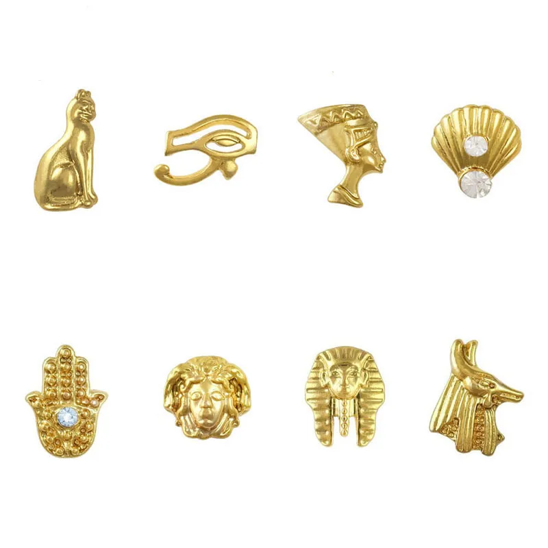 

100pcs Mix 8 Designs 3D Golden Egypt Theme Nail Art Decorations Alloy Pharaoh Slice Manicure ornament