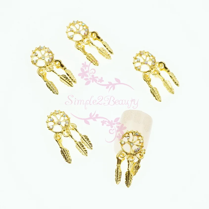 10pcs/pack Vintage Bohemia Style Alloy Charms Hollow Out Design Feather Dangle AB Rhinestones Decor 3D Nail Art Jewelry Manicure | Красота и