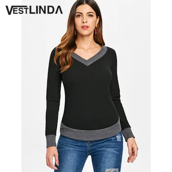 

VESTLINDA Color Block Long Sleeve Knitted Top T Shirt Women V Neck Two Tone Top Female Clothing 2018 Autumn Casual Tee Shirt