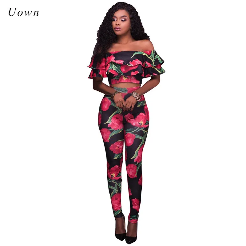 مثير كشكش المحاصيل بلوزات وسراويل مجموعة أزياء المرأة الأزهار طباعة القطع الرقبة الصيف حزبين قطعة مجموعات تتسابق السيدات بانت الدعاوى