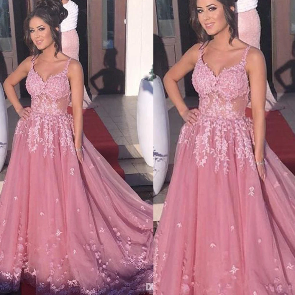 

pink evening dresses lace appliques hand made flowers tulle floor length long prom dresses cheap arabic