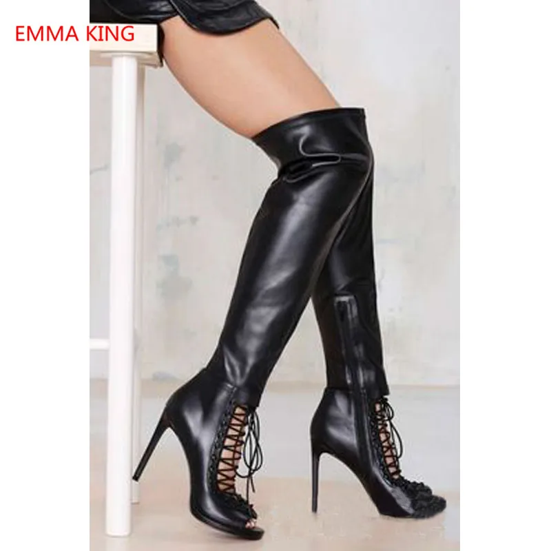 

Peep Toe Hollow Thigh Boots Cross-Tied Cut-Out Sexy Thin High Heels Women Spring Autumn Party Wedding Shoes Over The Knee Boots