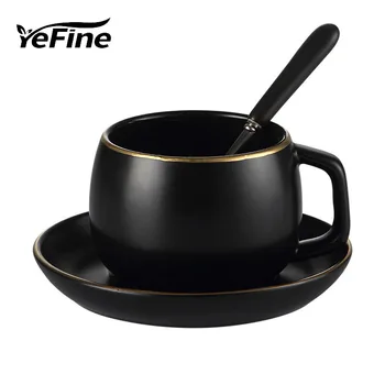 

YeFine Black Ceramic Clffee Cup Simple Tea Cups Saucers Sets With Spoon European Style Teacup Porcelain Fashion Gift