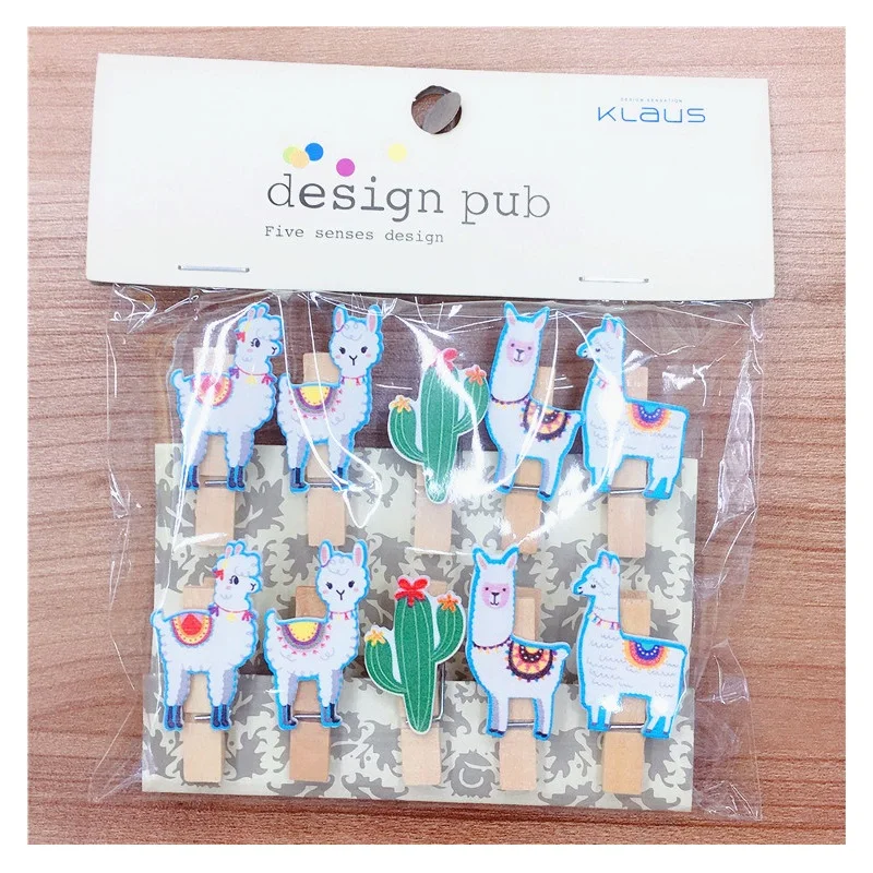 

10 Pcs/Set Cartoon Alpaca Cactus Wooden Clip Mini Photo Clips Party Decoration Clip with Hemp Rope