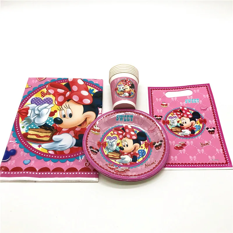 

Kids Favor 19pcs/lot Disney Minnie Mouse Theme Girl Birthday Party Paper Cup Plate Loot Bag Candy Gift Bag Tablecover Supply