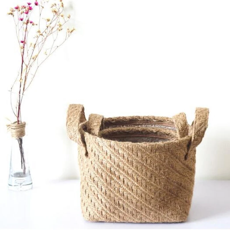 WCIC Folding Storage Basket Cotton Linen Handle Jute Basket Makeup Box Retro Style Hanging Bags Mini Desktop Storage Bag