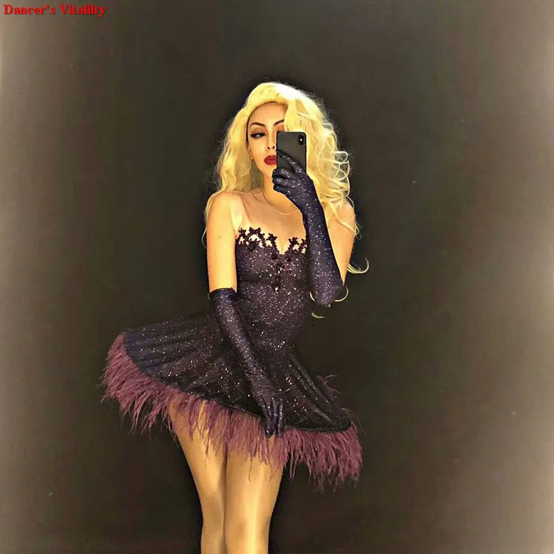 

Rhinestones Stage Dance Costume Dance Female Singer Show Bright Leotard Feather skirt pettiskirt stretch gloves stage costume
