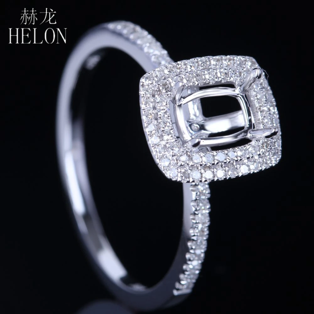 

HELON Cushion 4X6mm Solid 10K White Gold Engagement Semi Mount Two Halo Pave Natural Diamonds Wedding Ring Women Trendy Jewelry