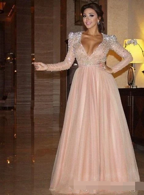 Formal Evening Dress 2019 Long Sleeves Deep V Neck Crystal Blush Pink Arabic Red Carpet Prom Party Pageant Gown