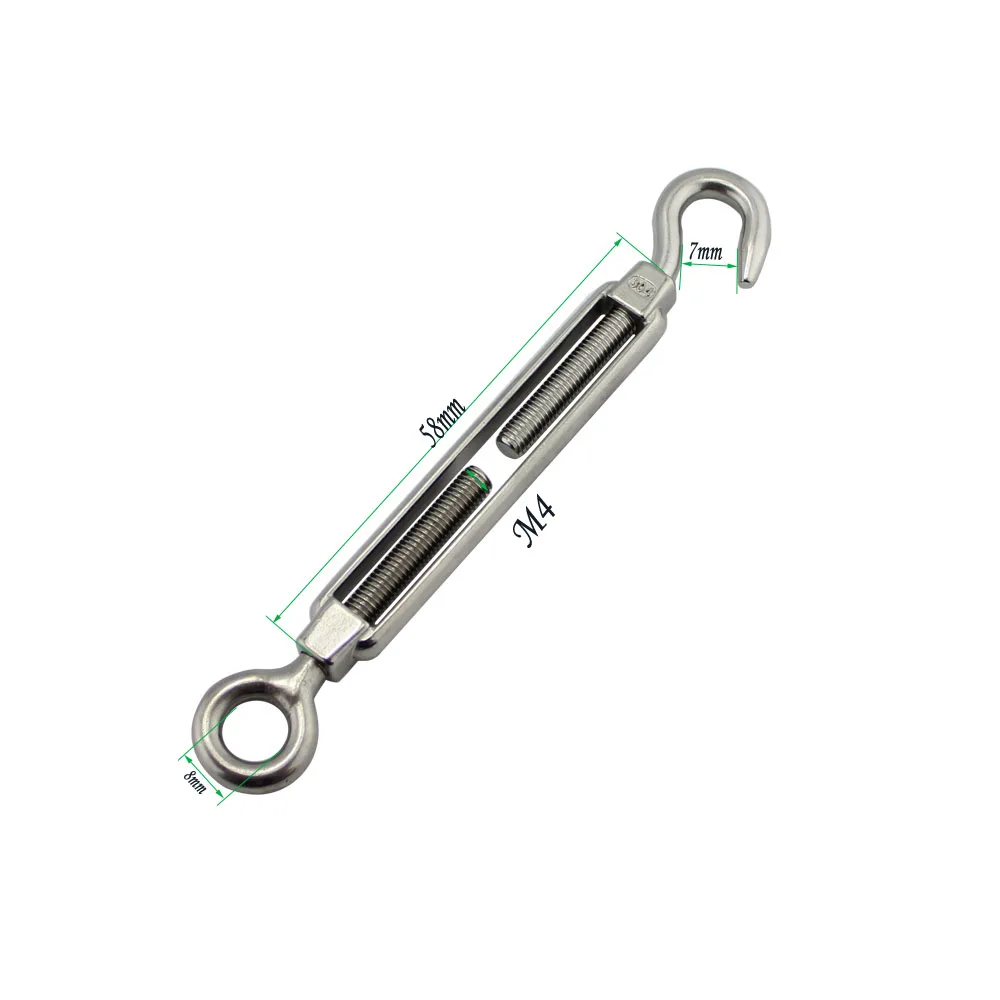 Stainless Mini Open Body Hook-Eye Turnbuckle High Polished Adjustable Wire Rope Tension M4 for Sun Shade Kits 5pcs