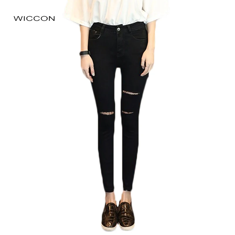 Узкие Стрейчевые рваные джинсы для женщин, эластичные кожаные джинсы с высокой талией, женские узкие джинсовые штаны, синие, черные джинсы с дырками, WICCON