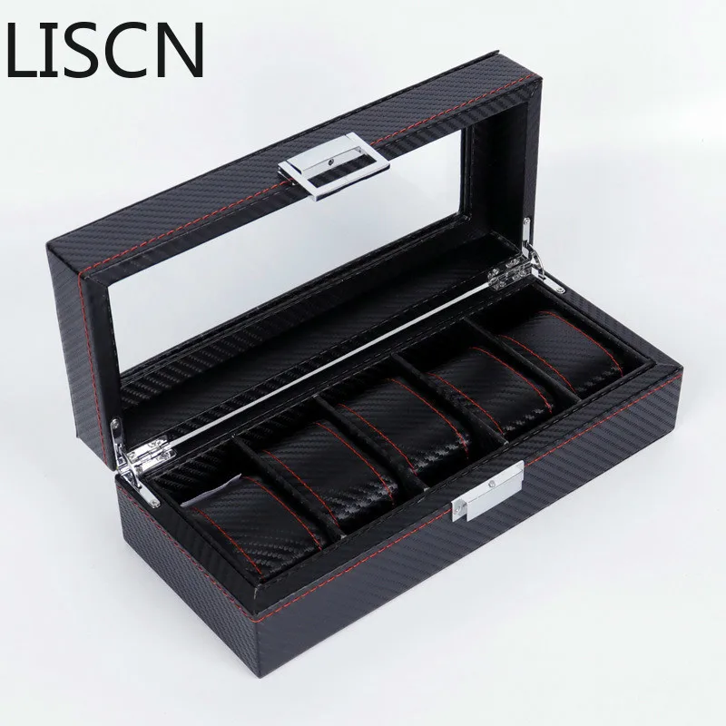 

LISCN 2019 New 5 Grids Carbon Fibre Pattern Watch Box Watch Holder Storage Box Jewelry Display Rectangle Black Color Case