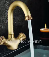Double Handles Antique Brass Bathroom Kitchen Faucet Deck Mount Hot and Cold Water Mixer Tap