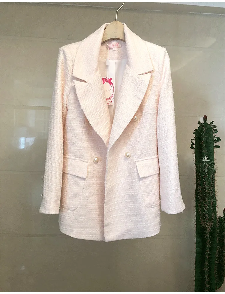 Маленькая Душистая подиумная двубортная потертая твидовая куртка пальто Женская Классическая верхняя одежда с длинным рукавом и жемчугом