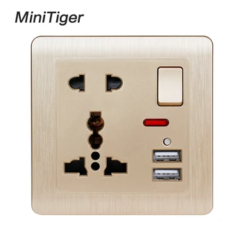 

Minitiger Wall Power Socket 13A Universal 5 Hole Switched Outlet 2.1A Dual USB Charger Port LED indicator Gold Brushed Panel