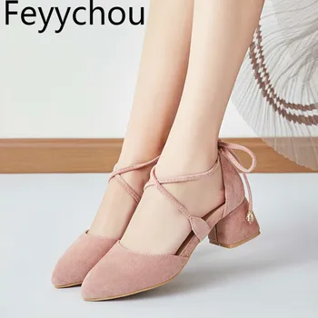 

Women Pumps Med Heel Flock Butterfly-knot Lace Up 2018 Spring Summer Sexy Fashion Sweet Casual Dress Beige Pink Black Brown