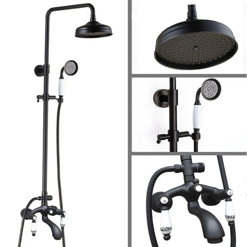 

Black Oil Rubbed Bronze Wall Mounted Bathroom 8 Inch Rainfall Shower Faucet Set Bath Tub Water Tap Dual Ceramics Handles ahg132