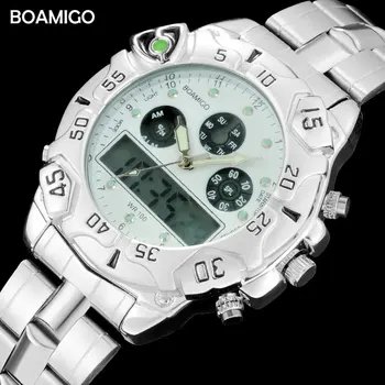 

Multiple Time Zone Men Sport Watches Stainless Steel Band Dual Display Digital Watches LED Analog Quartz Movement Wristwatches