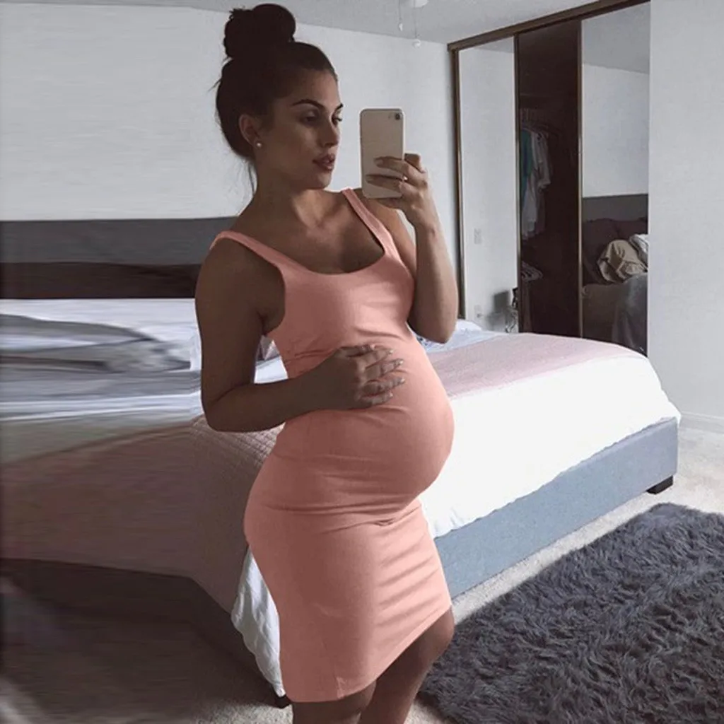 Womens Maternity Solid Pregnants O-Neck Sleeveless Nursing Baby Vest Dress