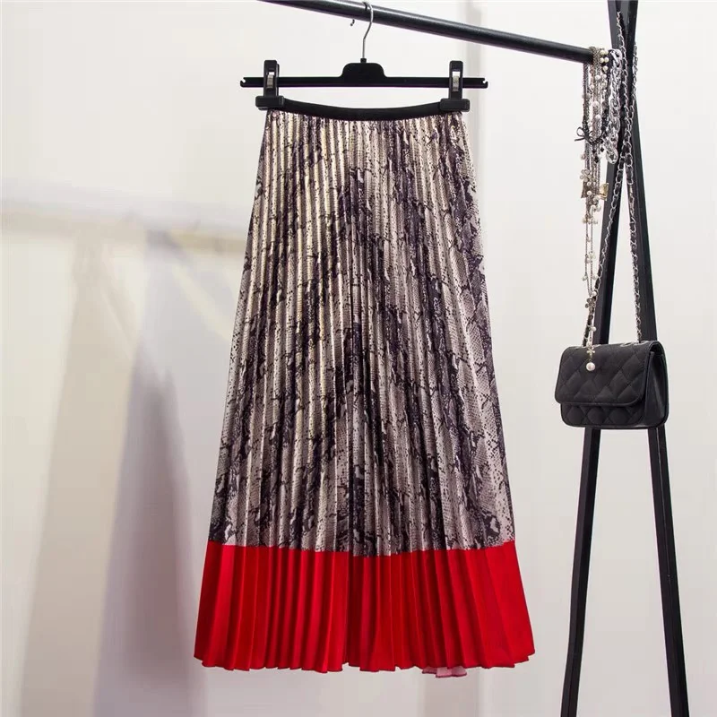 

Women's Pleated A-Line Midi Skirt High Waist Patchwork Snakeskin Female Skirts Summer 2019 High Street Ladies Bottoms Clothes