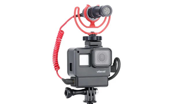 V2 - Carcasa para vlogging con micrófono, soporte para zapata fría,  compatible con GoPro Hero 7 6 5, adaptador de audio de micrófono,  accesorios para