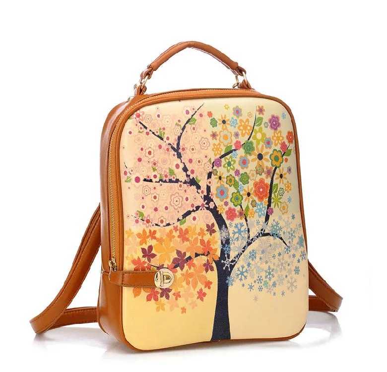 New fashion spring and summer vintage printing backpack leather for female travel backpack for students school
