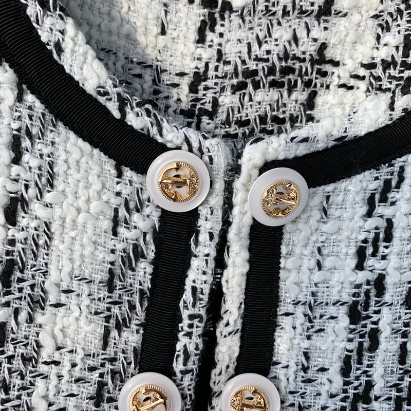 Осенне-зимнее пальто модная клетчатая Женская отбеленная шерсть Пальто двубортное средней длины твидовое пальто шерстяная куртка черные топы
