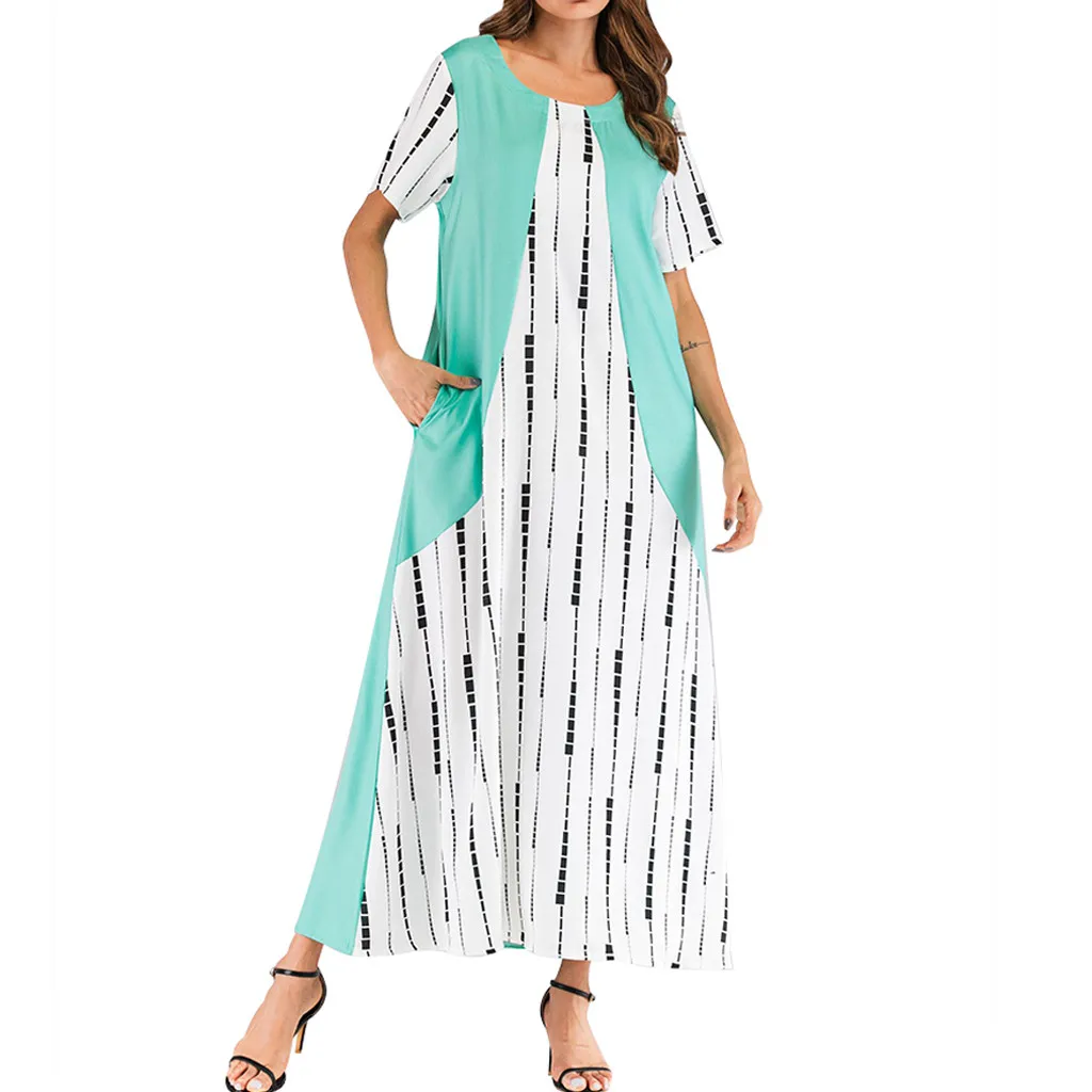 

Fashion Muslim Dress Women O-Neck Short Sleeve Color Block Patchwork Muslim Long Casual Dress Patchwork Arab Islamic Clothing