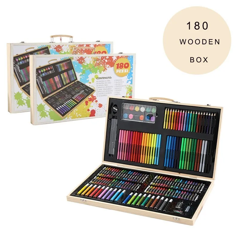 

180 PCS Drawing Art Markers Brush Pen Set Kids Gift With Wooden Box Package Watercolor Art Sets Office Stationery Supplies Gift