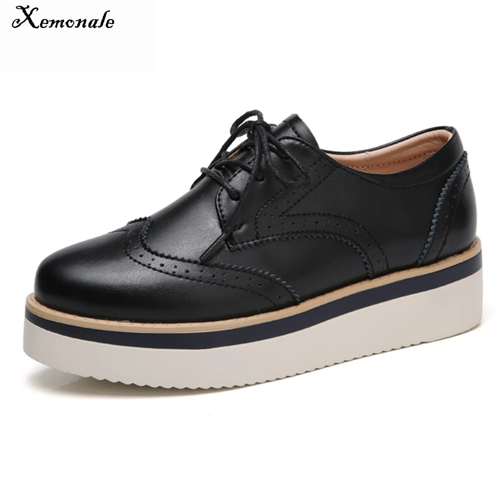 Xemonale 2018 Spring Women Sneakers Shoes Platform Flats Brogue Genuine Leather Lace Up Sneakers