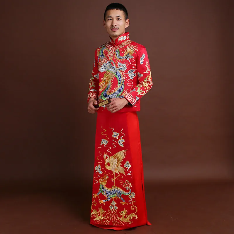 Formal long robe tang suit Men's Vintage hanfu chinese style tang suit wedding clothes embroidery robe mariage peignoirs costume