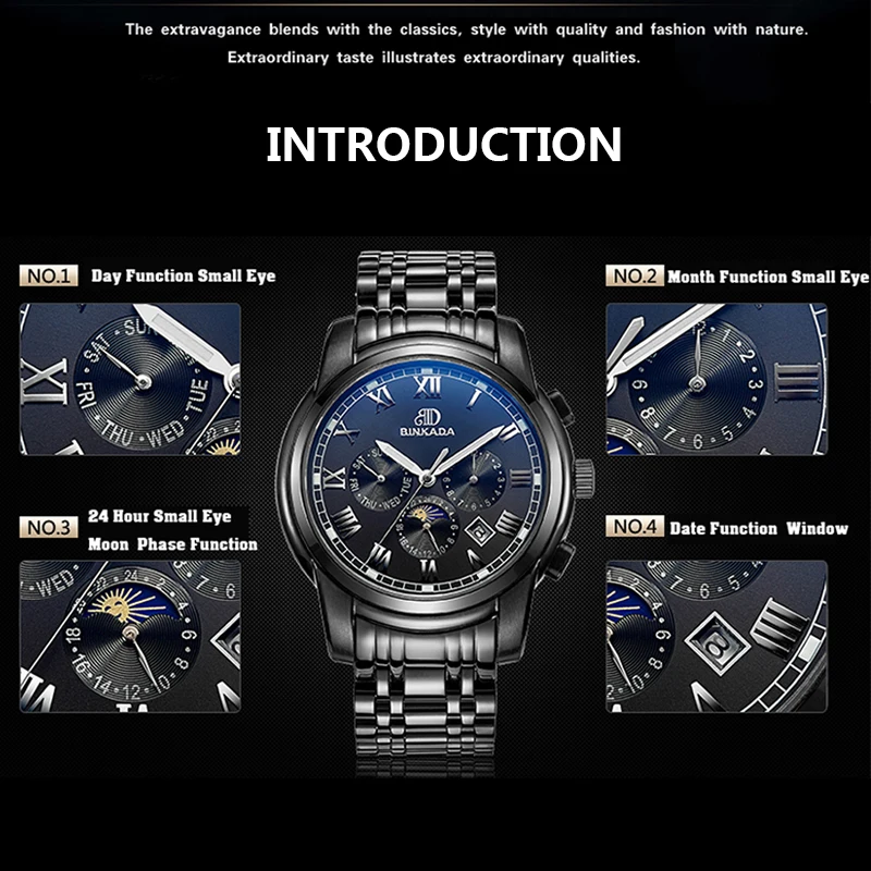BINKADA спортивные часы мужские черные Автоматические механические New Moon Phase