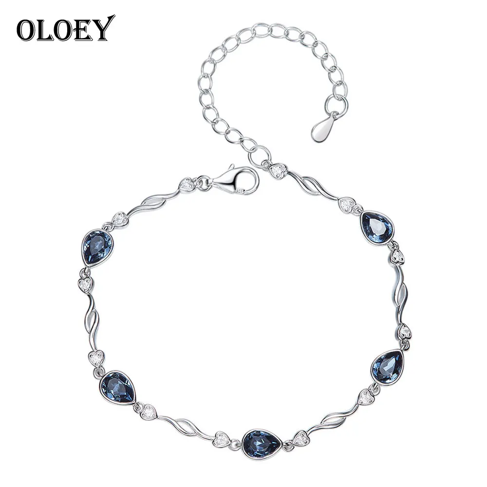 

YPAY Solid 925 Sterling Silver Bracelets Women Luxury Blue Austrian Crystal Chain Bracelet & Bangle Fine Jewelry Gift YMB007