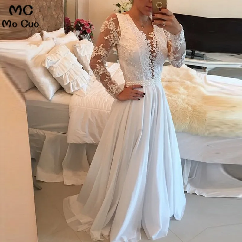 

Long prom dress 2018 See Though Sheer Lace Appliques Long Sleeve Deep V-Neck Pearls Vestido de festa Women prom dresses