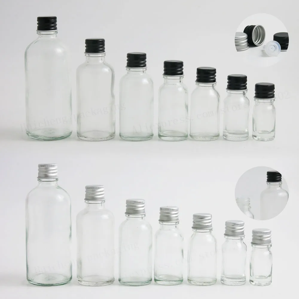 

12 X 100ml 50ml 30ml 20ml 15ml 10ml 5ml Empty Clear Transparent Glass Essential Oil Bottle with aluminum lids