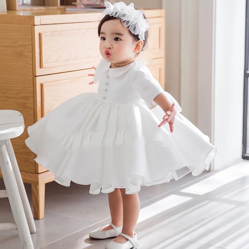 Платье на крестины для маленьких девочек; платье для крещения и свадьбы; Многослойная фатиновая праздничная одежда с короткими рукавами для новорожденных; платье принцессы для дня рождения; 1 год - Цвет: Белый