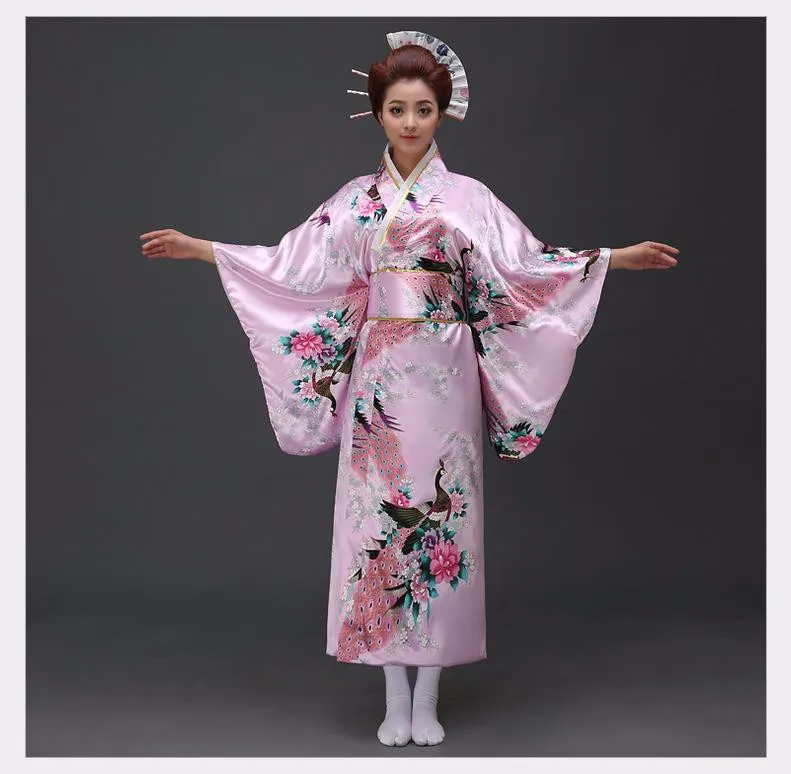 Традиционное женское сексуальное атласное кимоно юката с Obi представление танцевальное платье японский косплей костюм цветок один размер - Цвет: Розовый