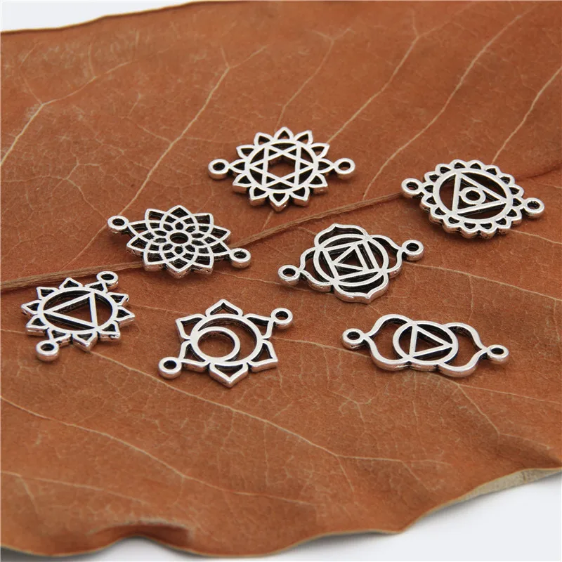 21pcs   7 Chakra Silver Color Zinc Alloy Mandala Yoga Charm Connector OM Pendant Fit Handmade Jewelry