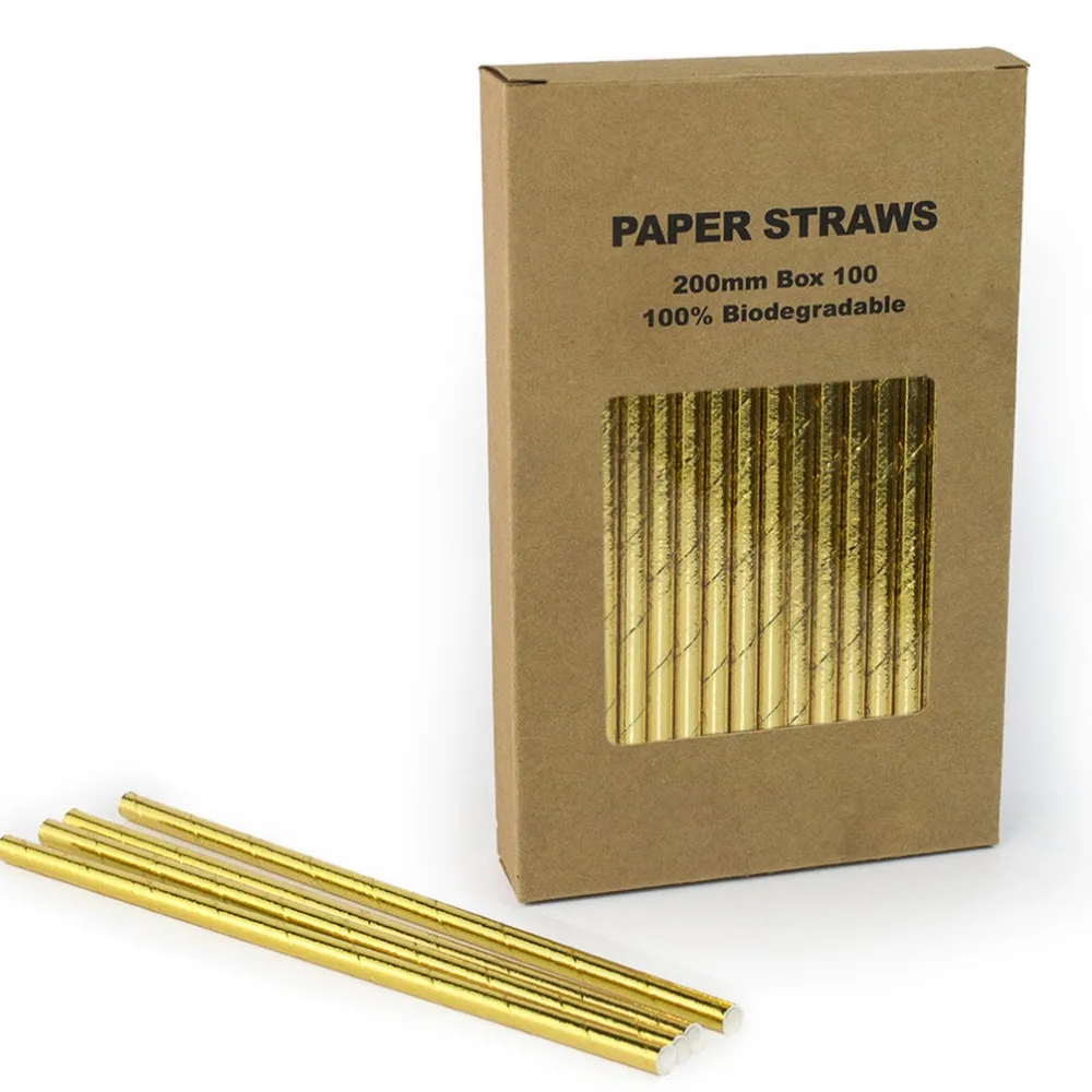 

100pcs/Box Plain Gold Foil Paper Straws Bulk,Solid Pure Golden Wedding 1st Birthday Christmas Party Bar Coffee Drinking Straws