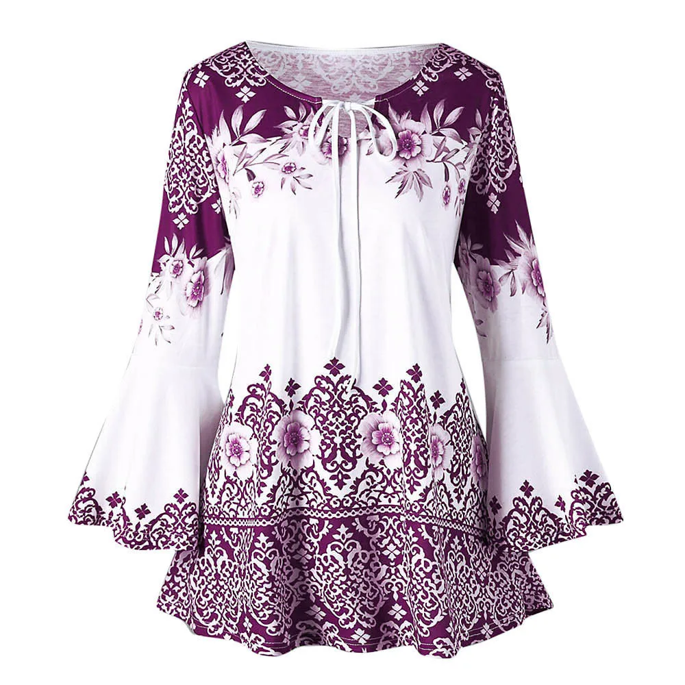 Женская винтажная рубашка, модная женская рубашка большого размера с цветочным принтом, расклешенный рукав, туника, топы, 5XL размера плюс, блузки для женщин, Camisa - Цвет: Фиолетовый